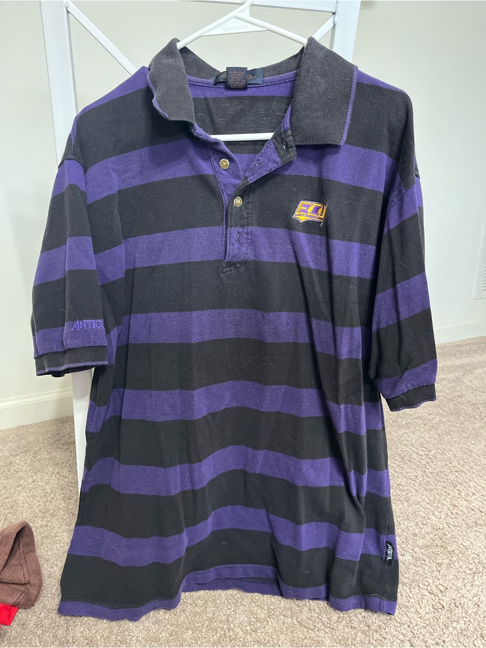 Vintage Antigua Striped Purple and Black Polo Shirt with ECU Logo